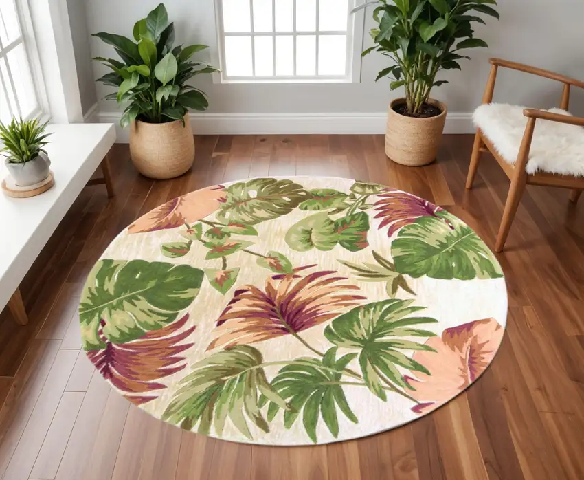 7' Beige Green And Pink Wool Botanical Leaves Hand Tufted Round Rug Photo 1