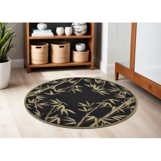 5' Black Green And Brown Wool Tropical Botanical Hand Tufted Round Rug Photo 1