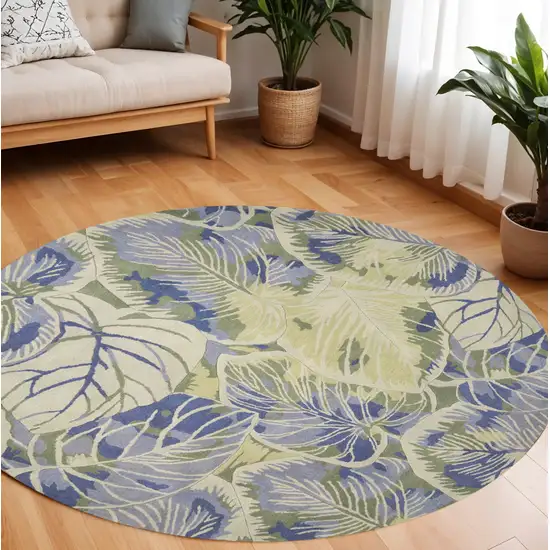 7' Blue Green And Beige Wool Tropical Botanical Hand Tufted Round Rug Photo 1