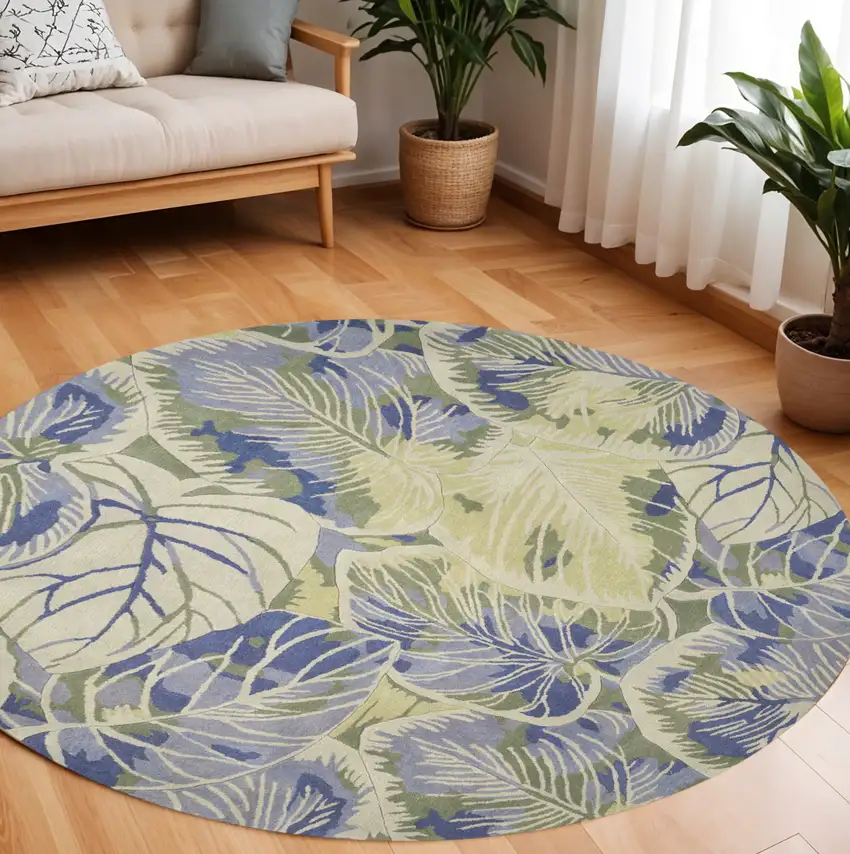7' Blue Green And Beige Wool Tropical Botanical Hand Tufted Round Rug Photo 1