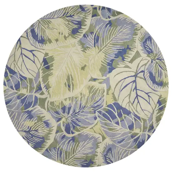 7' Blue Green And Beige Wool Tropical Botanical Hand Tufted Round Rug Photo 4