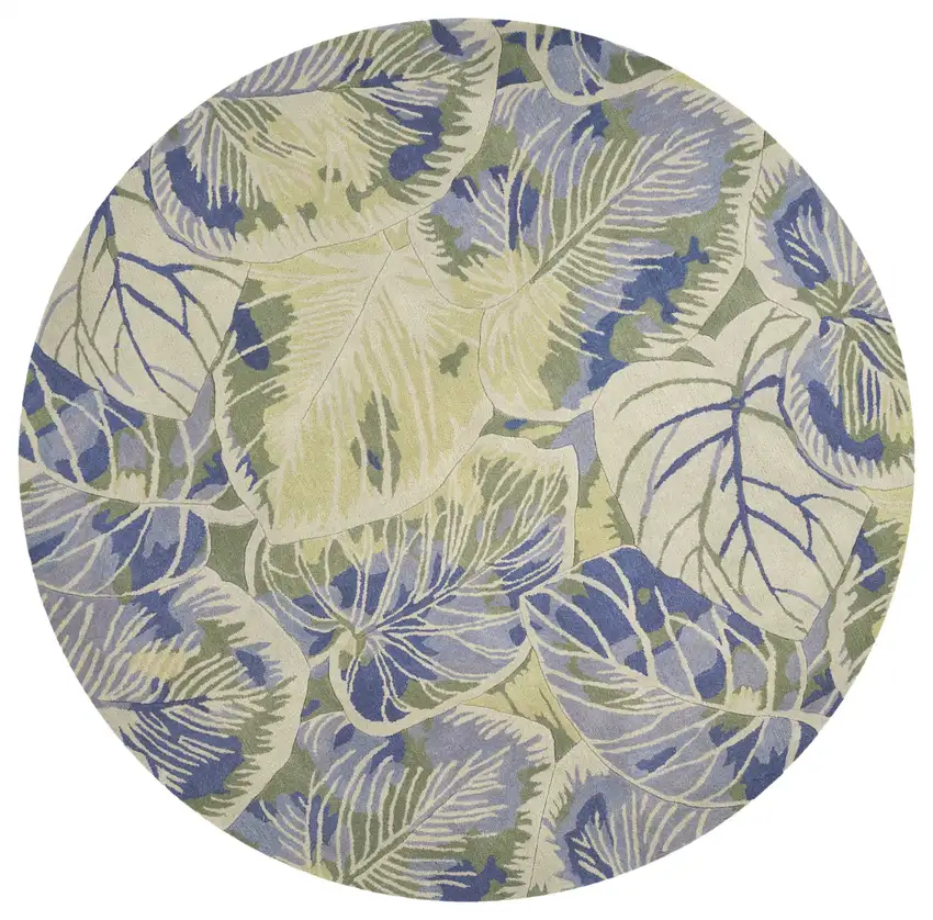 7' Blue Green And Beige Wool Tropical Botanical Hand Tufted Round Rug Photo 4