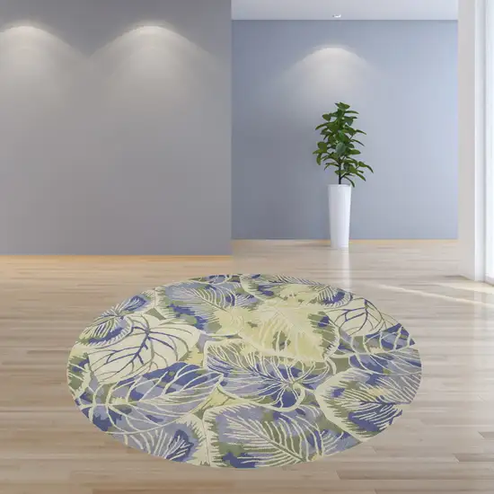 7' Blue Green And Beige Wool Tropical Botanical Hand Tufted Round Rug Photo 7