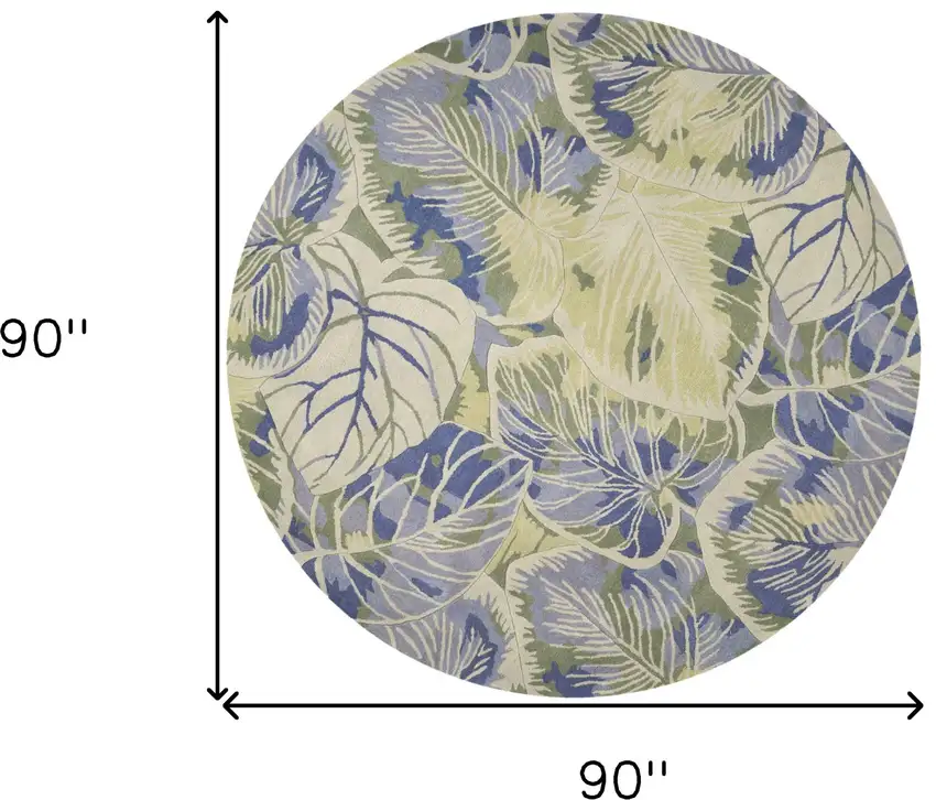 7' Blue Green And Beige Wool Tropical Botanical Hand Tufted Round Rug Photo 3