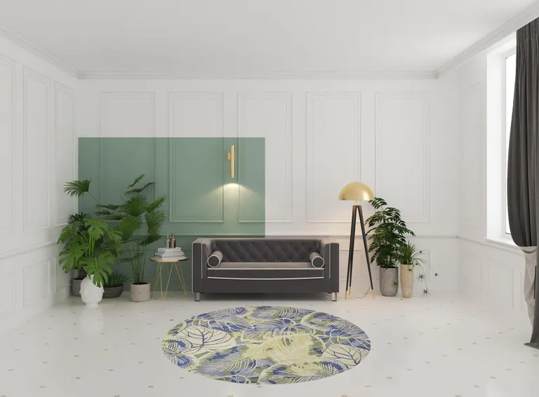 Round Wool Blue or  Green Area Rug Photo 1