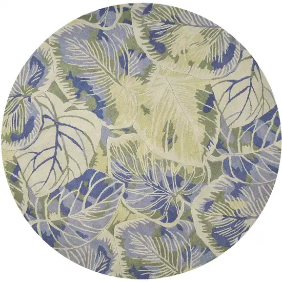 7' Blue Green And Beige Wool Tropical Botanical Hand Tufted Round Rug Photo 5