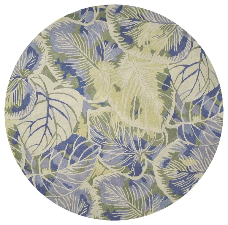 Round Wool Blue or  Green Area Rug Photo 3