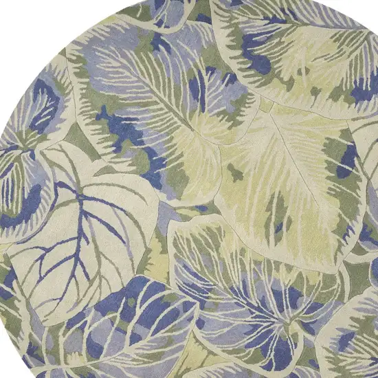7' Blue Green And Beige Wool Tropical Botanical Hand Tufted Round Rug Photo 6