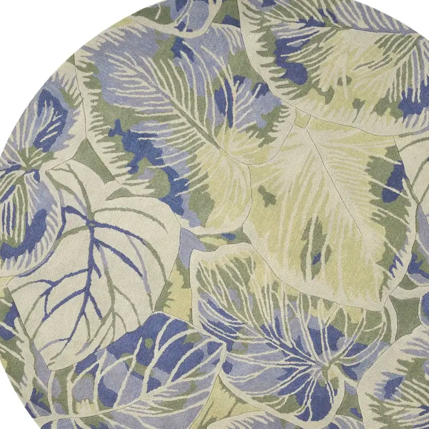 7' Blue Green And Beige Wool Tropical Botanical Hand Tufted Round Rug Photo 6