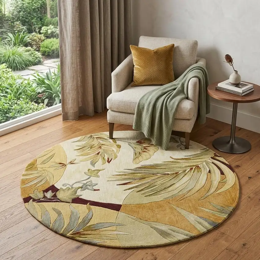5' Coral Green And Ivory Wool Tropical Botanical Hand Tufted Round Rug Photo 1