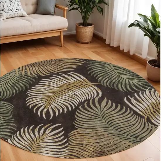 7' Espresso Beige And Green Wool Botanical Leaves Hand Tufted Round Rug Photo 1
