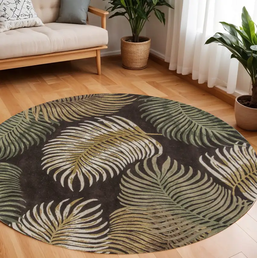 7' Espresso Beige And Green Wool Botanical Leaves Hand Tufted Round Rug Photo 1