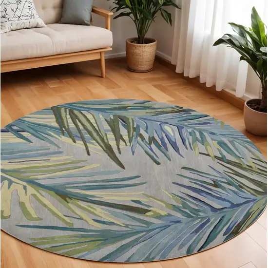 7' Blue And Gray Wool Tropical Botanical Hand Tufted Round Rug Photo 1