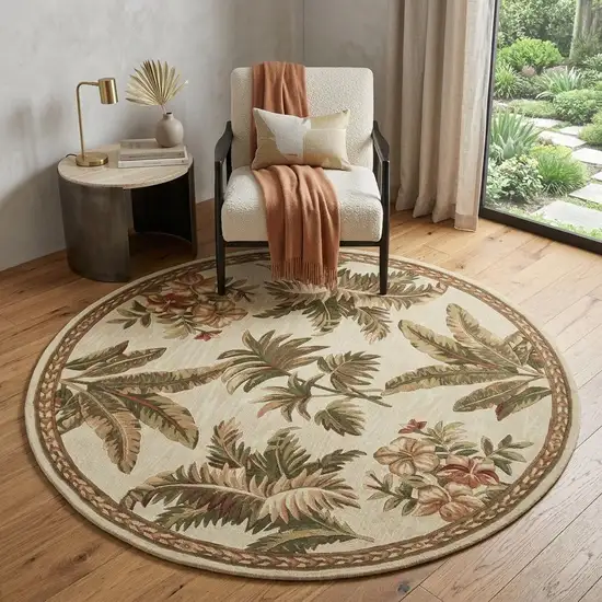 5' Ivory Green And Brown Wool Tropical Botanical Hand Tufted Round Rug Photo 1
