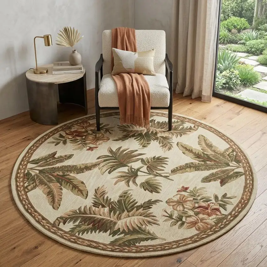 5' Ivory Green And Brown Wool Tropical Botanical Hand Tufted Round Rug Photo 1