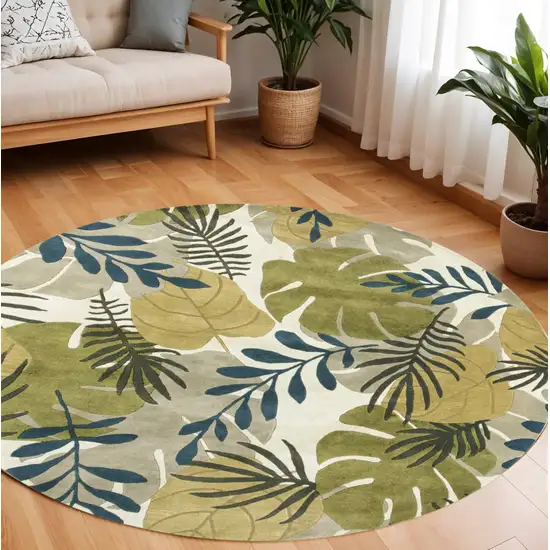 7' Ivory Green And Blue Wool Botanical Leaves Hand Tufted Round Rug Photo 1