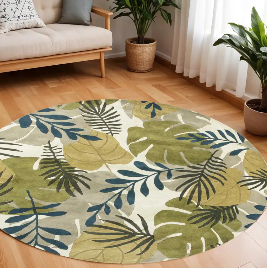 7' Ivory Green And Blue Wool Botanical Leaves Hand Tufted Round Rug Photo 1