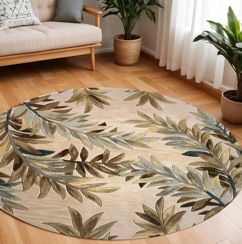 7' Ivory Brown And Blue Wool Botanical Leaves Hand Tufted Round Rug Photo 1