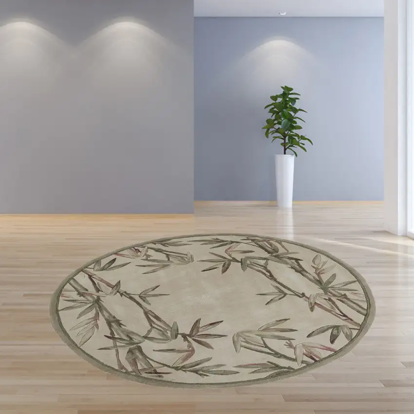 7' Ivory Green And Brown Wool Botanical Leaves Hand Tufted Round Rug Photo 7