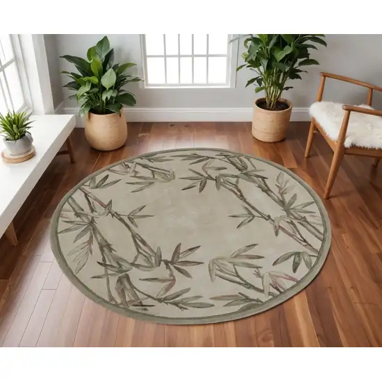 7' Ivory Green And Brown Wool Botanical Leaves Hand Tufted Round Rug Photo 1