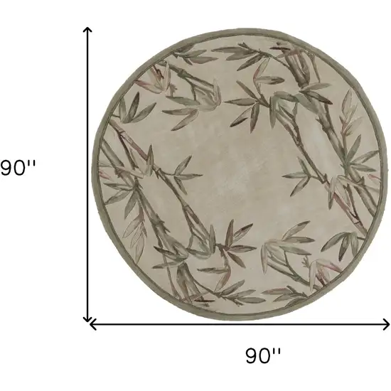 7' Ivory Green And Brown Wool Botanical Leaves Hand Tufted Round Rug Photo 3