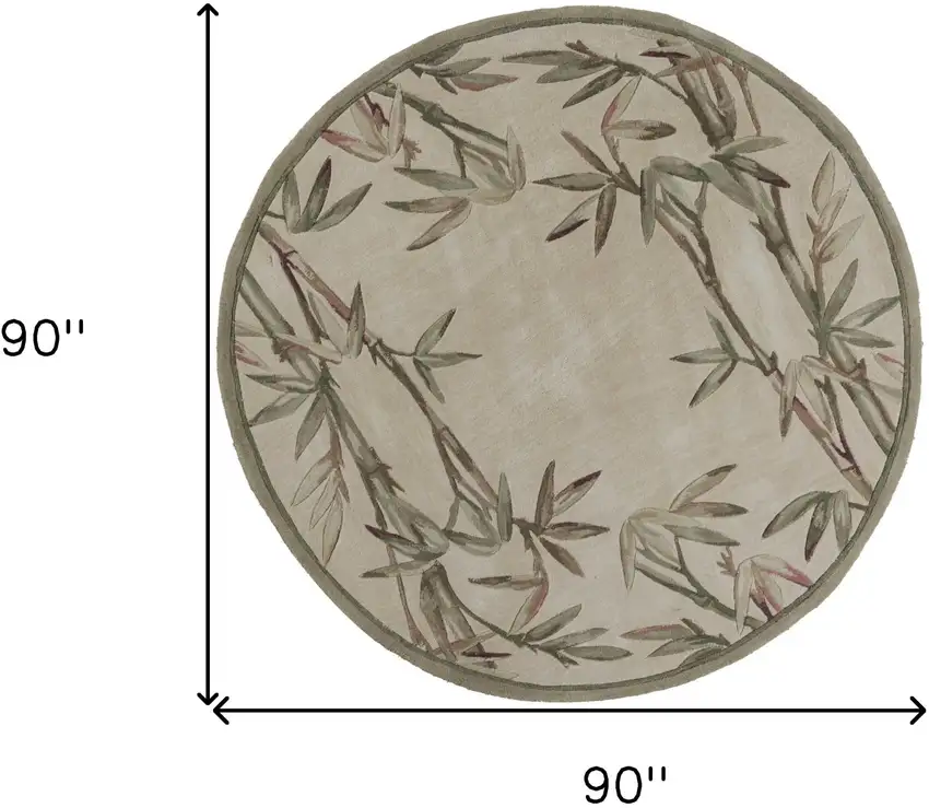 7' Ivory Green And Brown Wool Botanical Leaves Hand Tufted Round Rug Photo 3