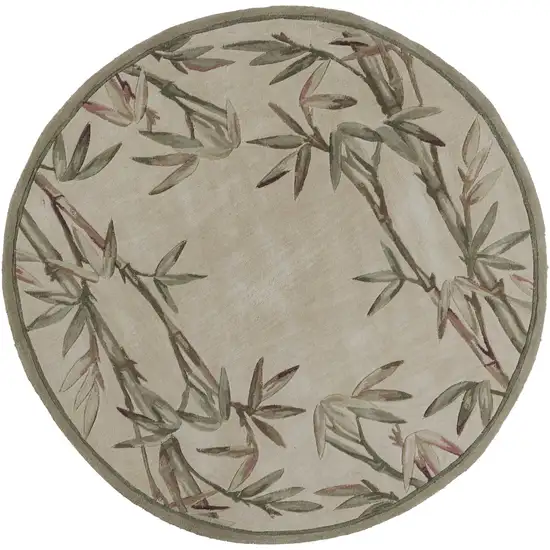 7' Ivory Green And Brown Wool Botanical Leaves Hand Tufted Round Rug Photo 2