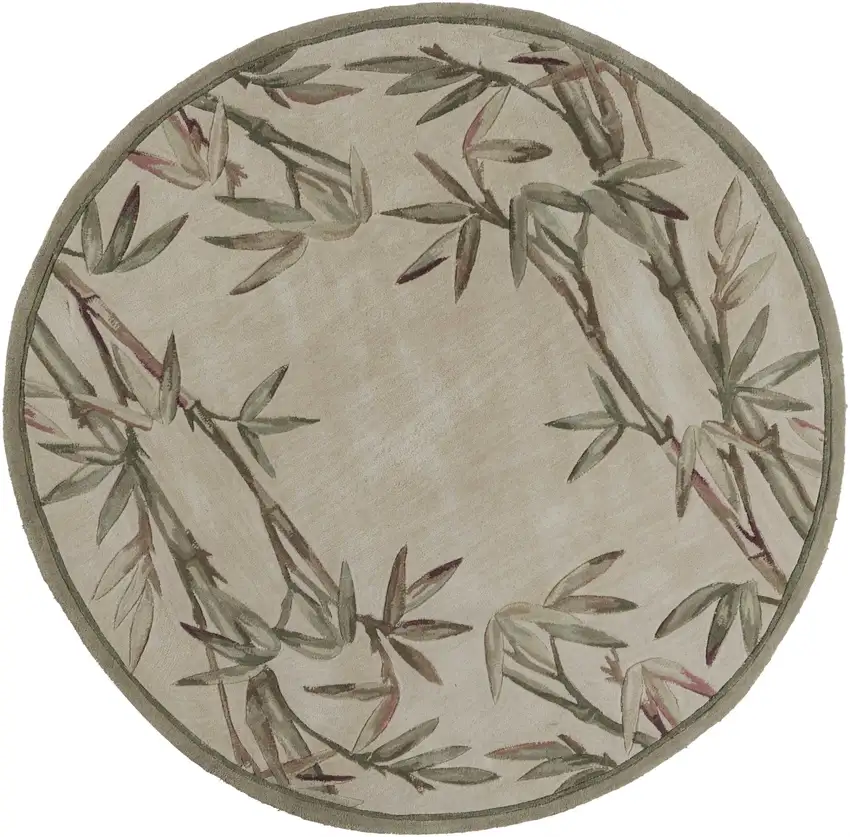 7' Ivory Green And Brown Wool Botanical Leaves Hand Tufted Round Rug Photo 2