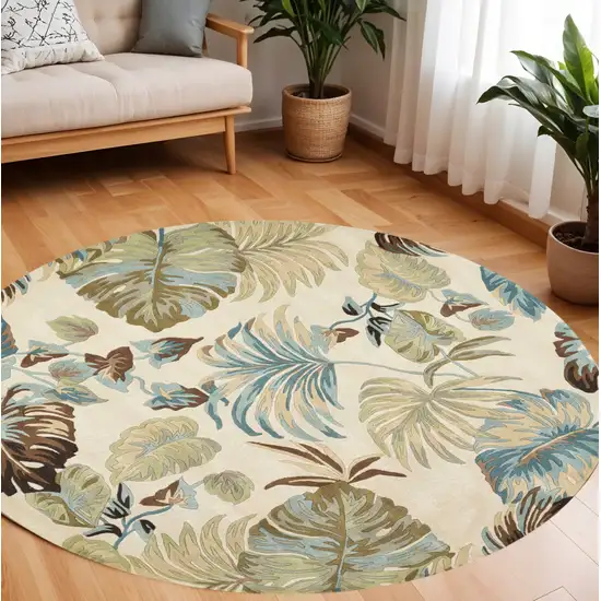 7' Ivory And Blue Wool Botanical Leaves Hand Tufted Round Rug Photo 1
