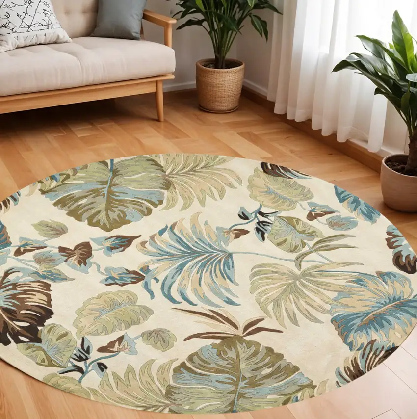 7' Ivory And Blue Wool Botanical Leaves Hand Tufted Round Rug Photo 1