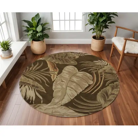 7' Brown And Beige Wool Botanical Leaves Hand Tufted Round Rug Photo 1