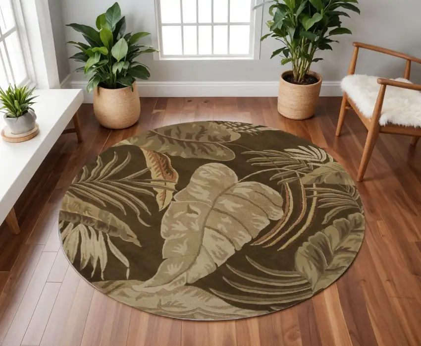 7' Brown And Beige Wool Botanical Leaves Hand Tufted Round Rug Photo 1