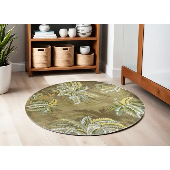 5' Moss Green And Yellow Wool Tropical Botanical Hand Tufted Round Rug Photo 1