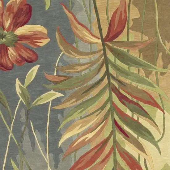 5' Blue And Green Wool Tropical Botanical Hand Tufted Round Rug Photo 5