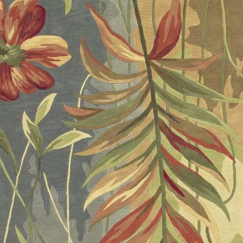 5' Blue And Green Wool Tropical Botanical Hand Tufted Round Rug Photo 5