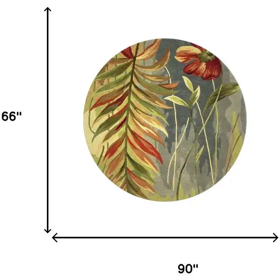 5' Blue And Green Wool Tropical Botanical Hand Tufted Round Rug Photo 3