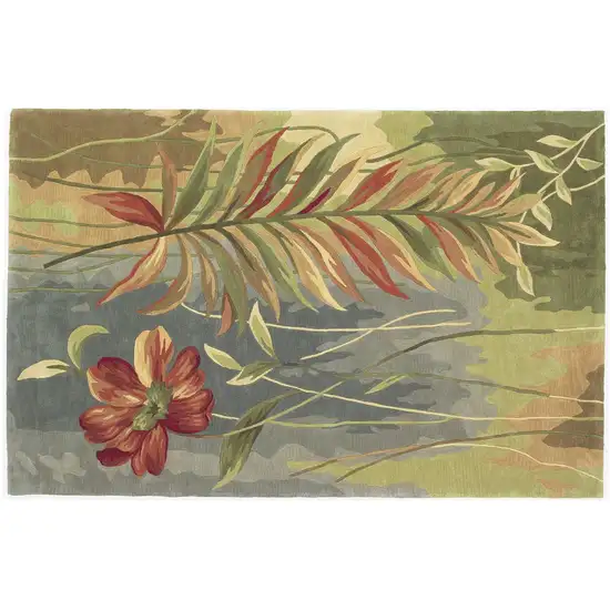 5' Blue And Green Wool Tropical Botanical Hand Tufted Round Rug Photo 3