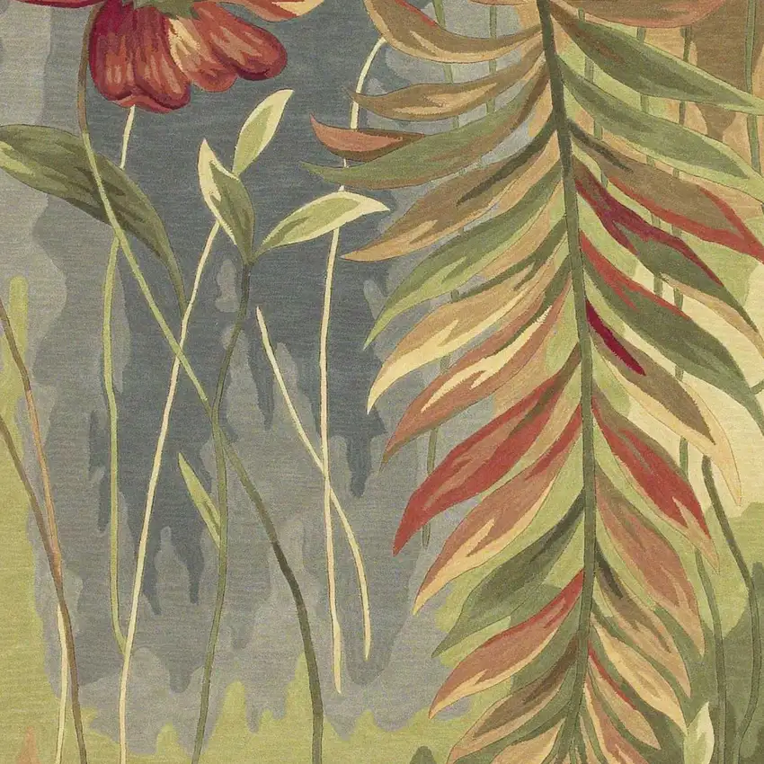 5' Blue And Green Wool Tropical Botanical Hand Tufted Round Rug Photo 4