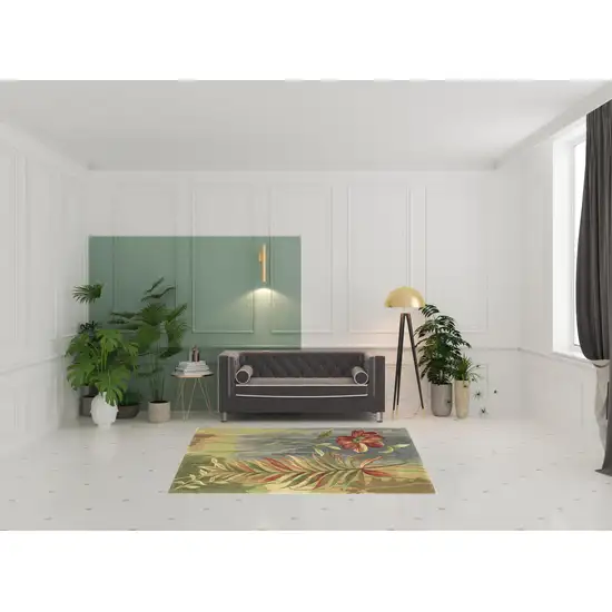 5' Blue And Green Wool Tropical Botanical Hand Tufted Round Rug Photo 2