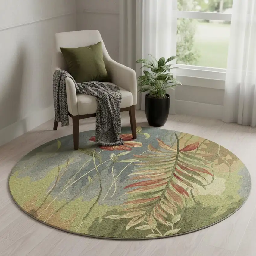 5' Blue And Green Wool Tropical Botanical Hand Tufted Round Rug Photo 1