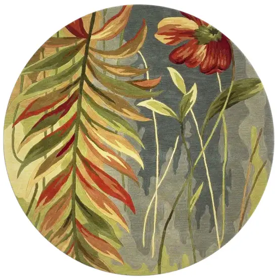 5' Blue And Green Wool Tropical Botanical Hand Tufted Round Rug Photo 2