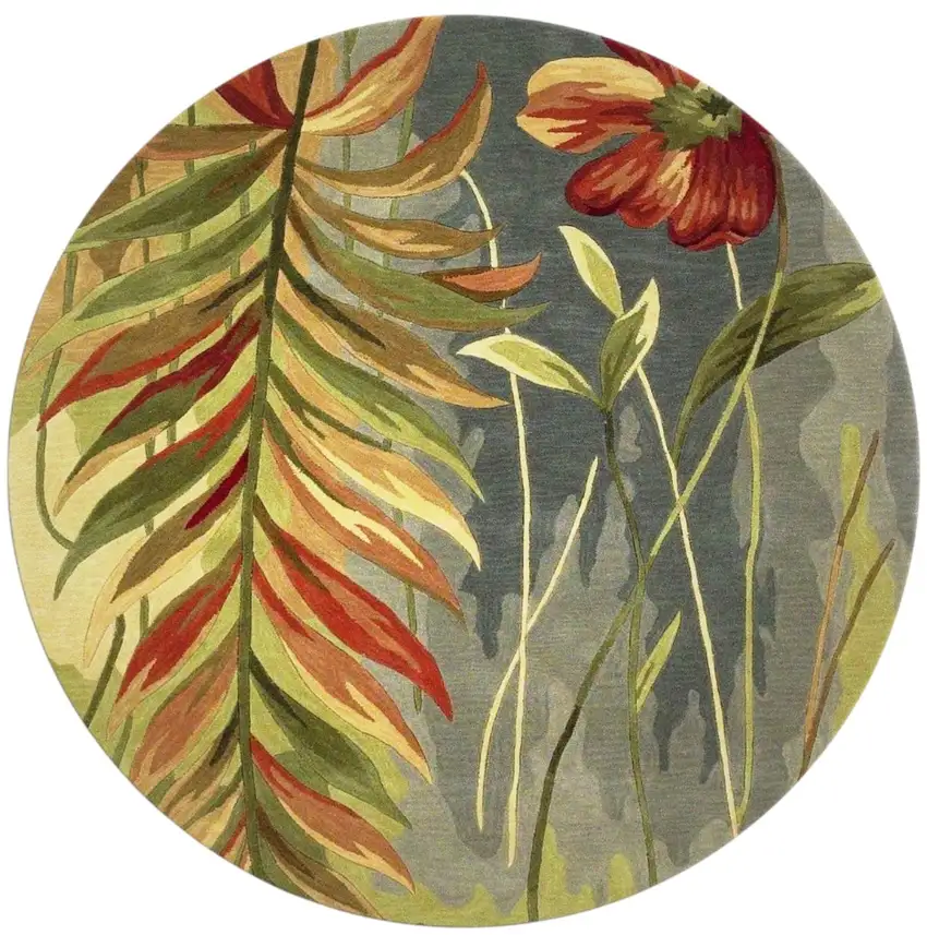 5' Blue And Green Wool Tropical Botanical Hand Tufted Round Rug Photo 2