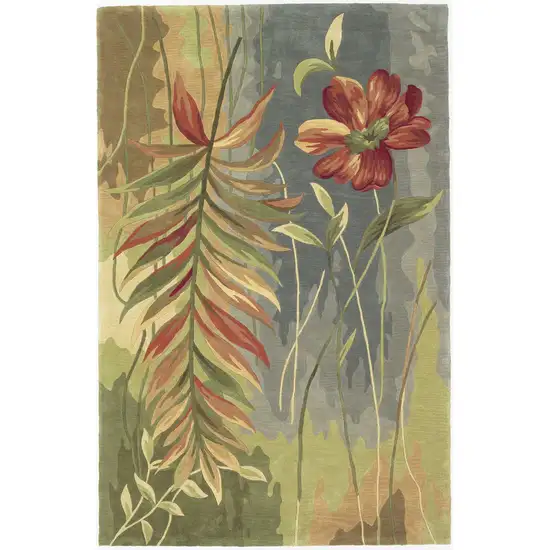 5' Blue And Green Wool Tropical Botanical Hand Tufted Round Rug Photo 6