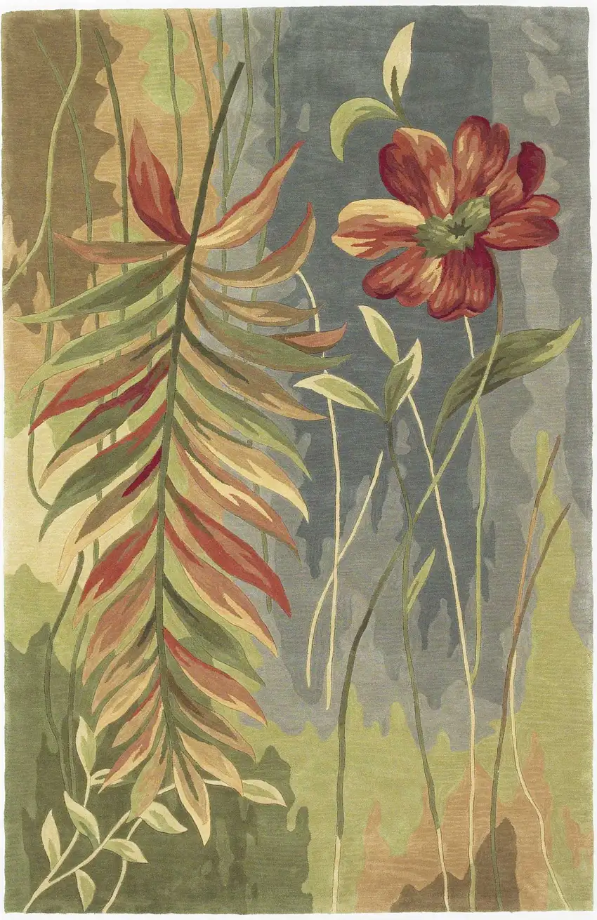 5' Blue And Green Wool Tropical Botanical Hand Tufted Round Rug Photo 6