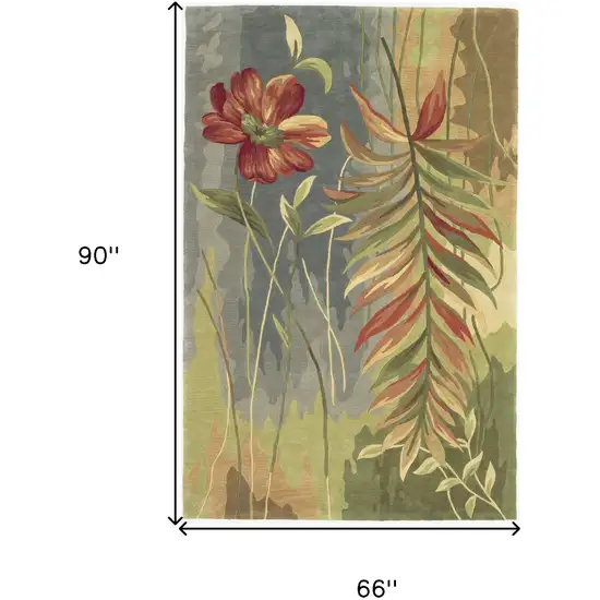 5' Blue And Green Wool Tropical Botanical Hand Tufted Round Rug Photo 8