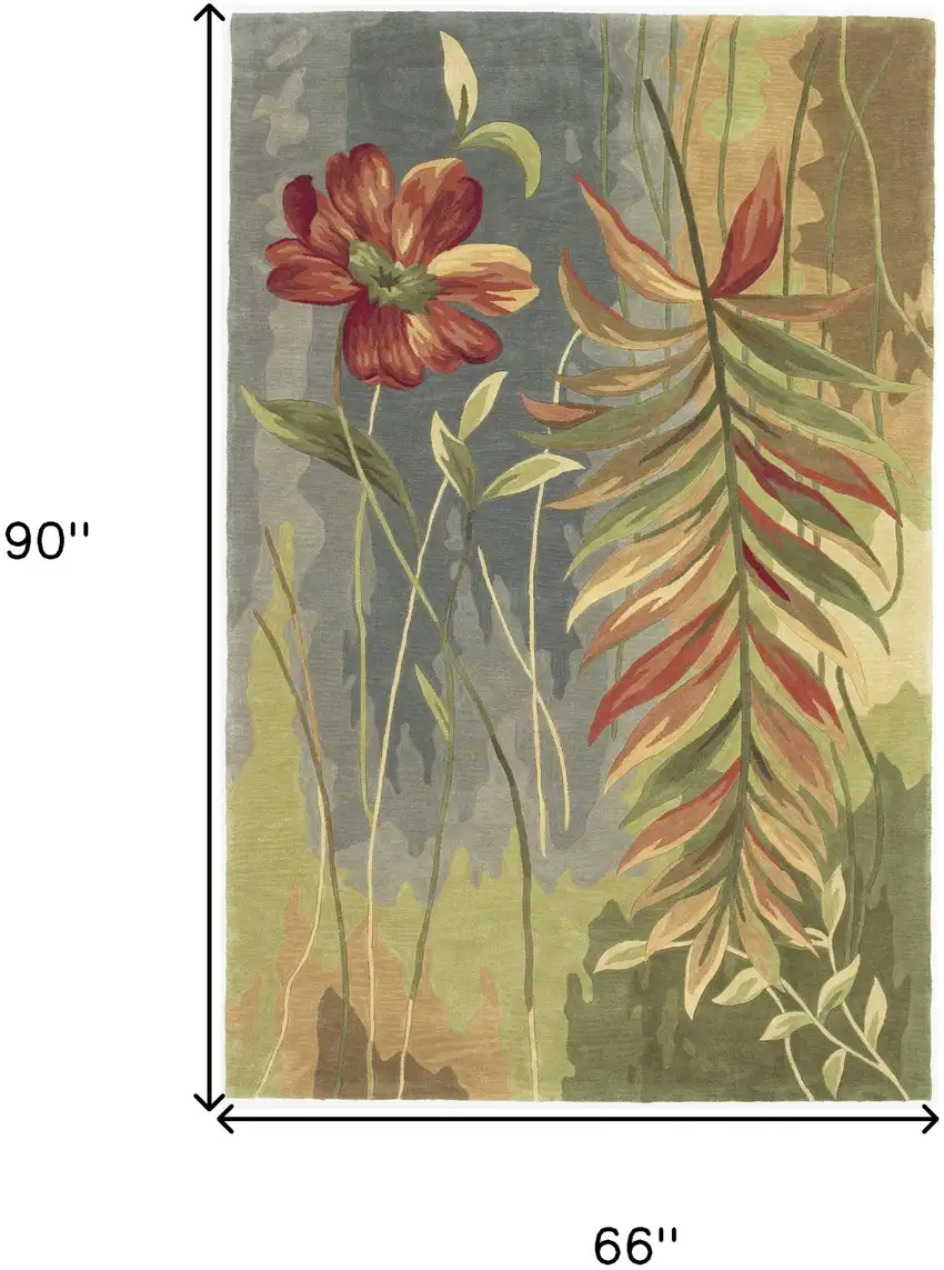 5' Blue And Green Wool Tropical Botanical Hand Tufted Round Rug Photo 8