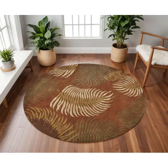 8' Rust Orange And Green Wool Botanical Leaves Hand Tufted Round Rug Photo 1