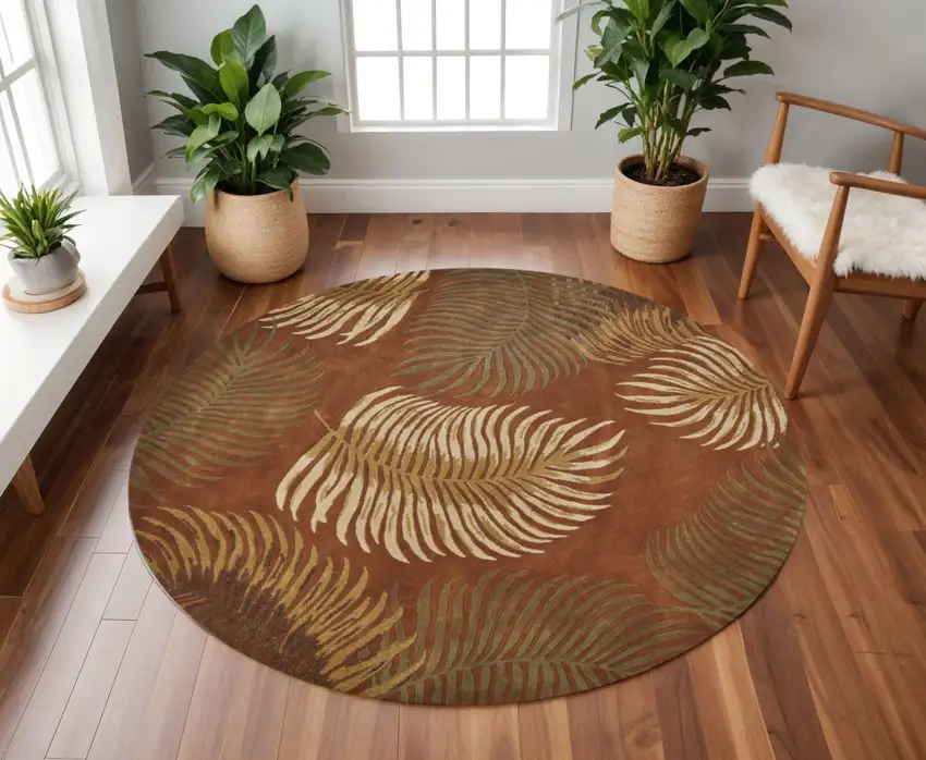 8' Rust Orange And Green Wool Botanical Leaves Hand Tufted Round Rug Photo 1