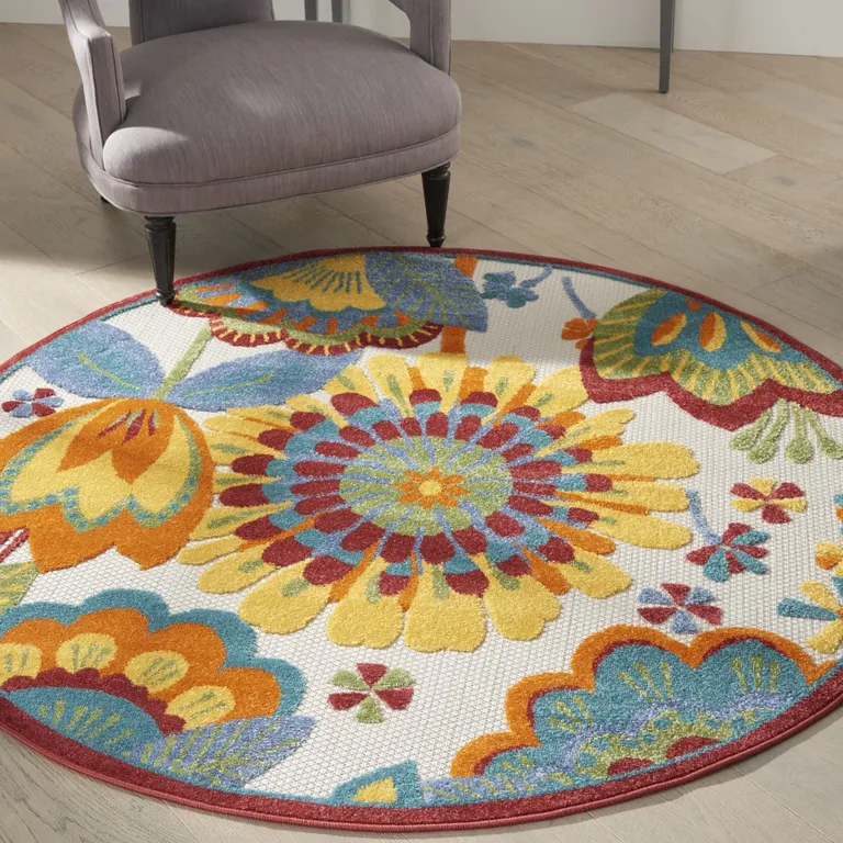 Round Yellow and Ivory Indoor Outdoor Area Rug Photo 2