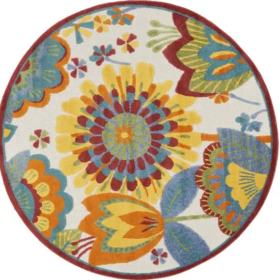 Yellow And Ivory Round Floral Indoor Outdoor Area Rug Photo 8